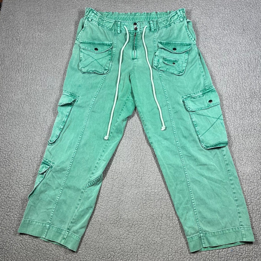 Free People Tahiti Cargo Pants Women L (35x28) Stretch Drawstring Green Gorpcore